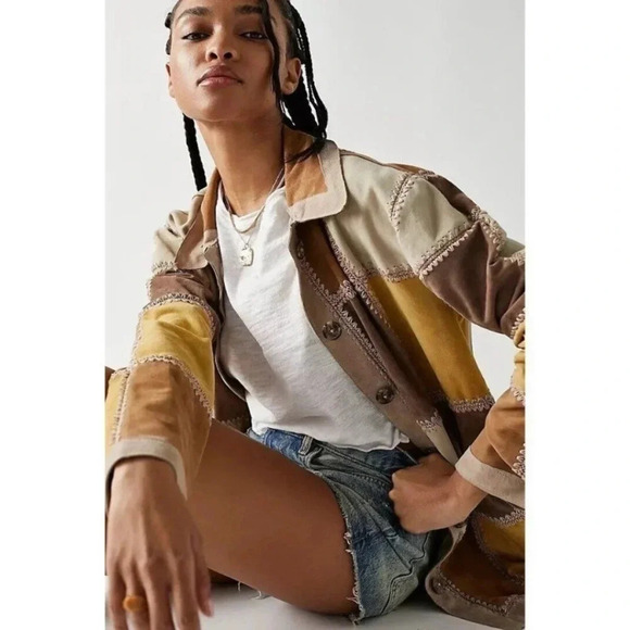 New Free People Suede Chore Patchwork Leather Jacket Edie Crochet Brown Tan - Picture 5 of 17